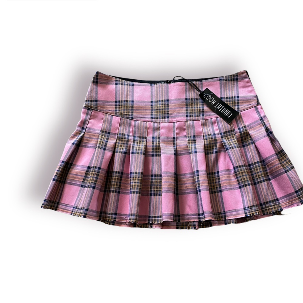 Current Mood Baby Catch A Ride Pleated Skirt pink plaid raw hem sz M